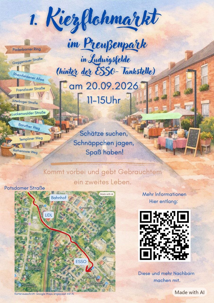 Kiezflohmarkt Flyer – Detailansicht mit Straßen-Schildern und Veranstaltungsinformationen